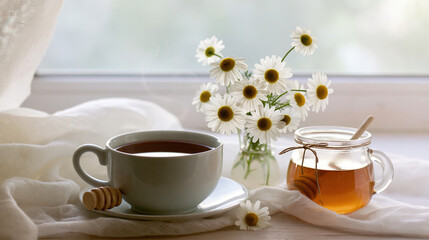 Fototapeta premium Warm Beverage with Fresh Daisy Bouquet on Window Sill