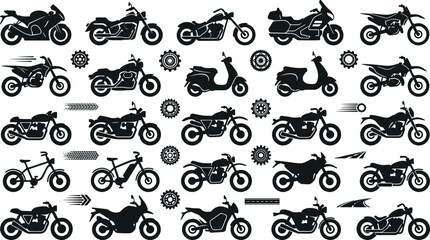 Motorcycle silhouette vector set featuring choppers sport bikes scooters dirt motorbikes and bicycle icons isolated on white background ©  Jahangir