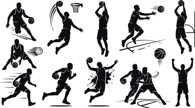 Basketball player silhouette vector set featuring slam dunks dribbling shooting actions and game poses isolated on white background