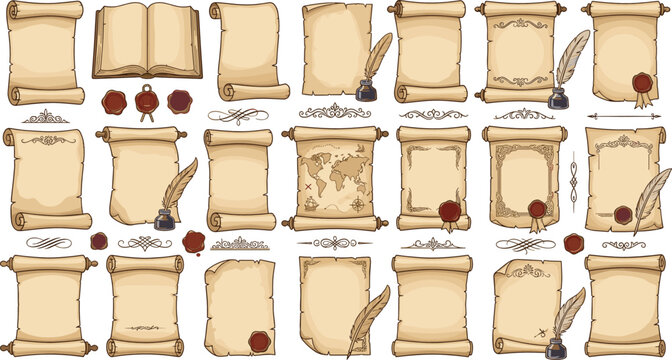 Vintage scroll and old paper vector set featuring ancient manuscripts wax seals quill inkwell illustrations isolated on white background