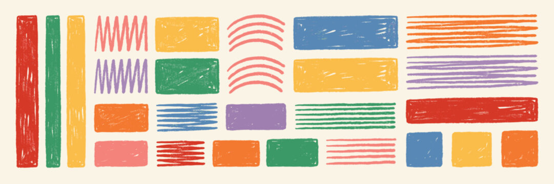 Collection of hand-drawn geometric shapes and textured lines in pastel and primary colors, including rectangles, zigzags, arcs, and parallel stripes