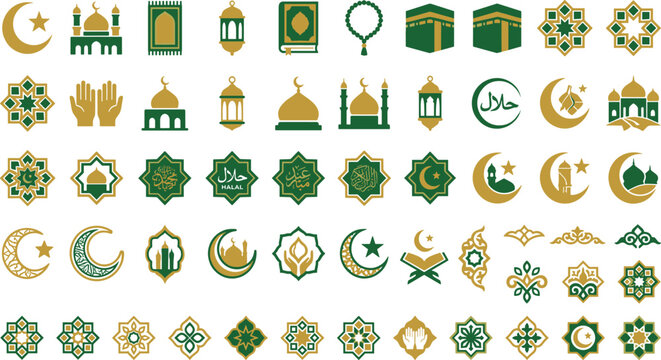 Ramadan Kareem and Islamic holidays vector icons set featuring mosques crescents kaaba lanterns and quran elements