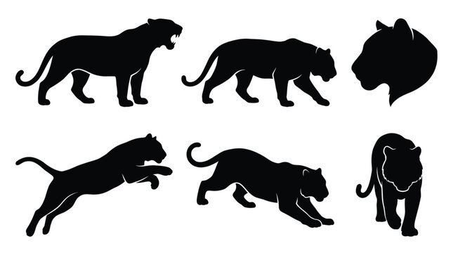 Set of black tiger silhouettes in various poses including walking jumping and roaring