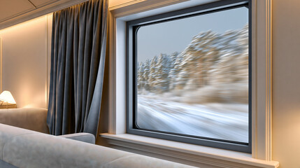 Obraz premium Modern Bedroom with Snowy Landscape View Through Window