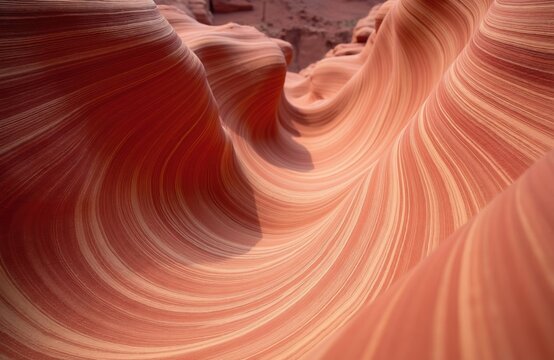 Striped red sandstone formations shaped like waves, with soft light and shadow play. Natural abstract geological wonder, arid desert landscape. Smooth eroded rock curves in Arizona.