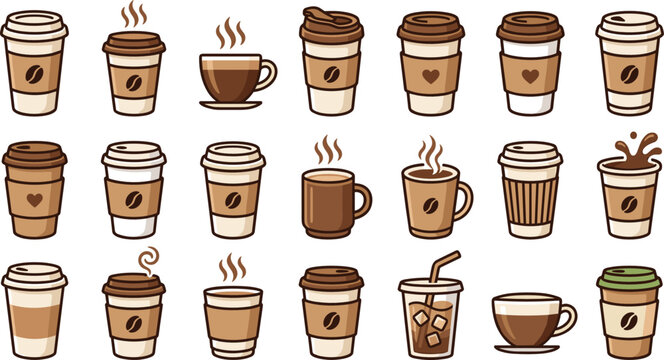 Coffee cup vector icons set featuring disposable paper cups mugs iced coffee and espresso drinks isolated on white