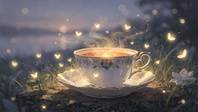 Whimsical Teacup Surrounded by Glowing Fireflies in a Dreamy Twilight Garden Landscape