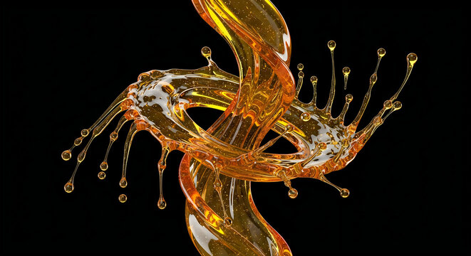 Dynamic golden liquid splashing in abstract spiral shape isolated on black background with abstract background creative movement splatter droplets cosmetic
