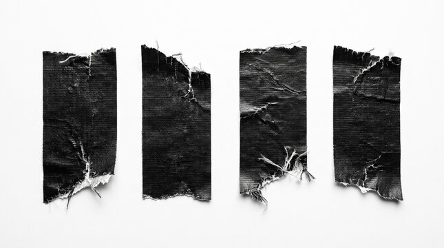 Four strips of black fabric duct tape with rough torn edges arranged vertically on a clean bright white background surface