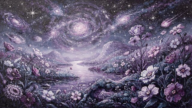 Dreamy Ethereal Cosmic Landscape Featuring A Flowery Meadow Under A Surreal Glowing Spiral Galaxy Night Sky