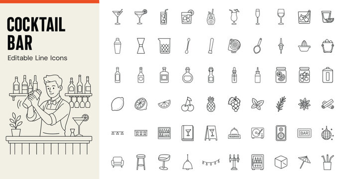 Cocktail bar line icons of bartending tools and drinks