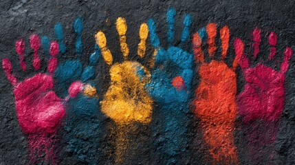 Poster with multicolored handprints representing unity and human rights awareness