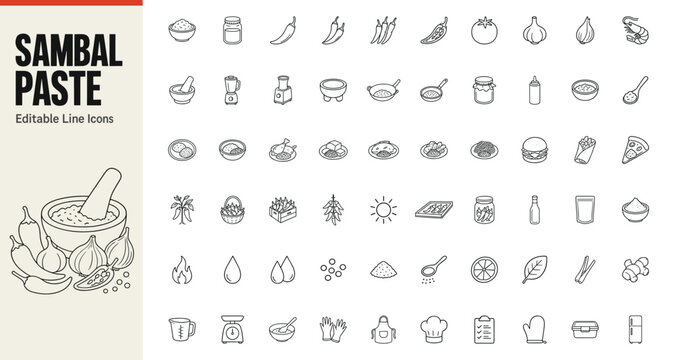 Sambal paste line icons for chili sauce preparation and ingredients