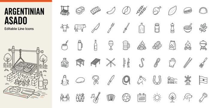 Argentinian asado line icons of barbecue, meat, and gaucho culture