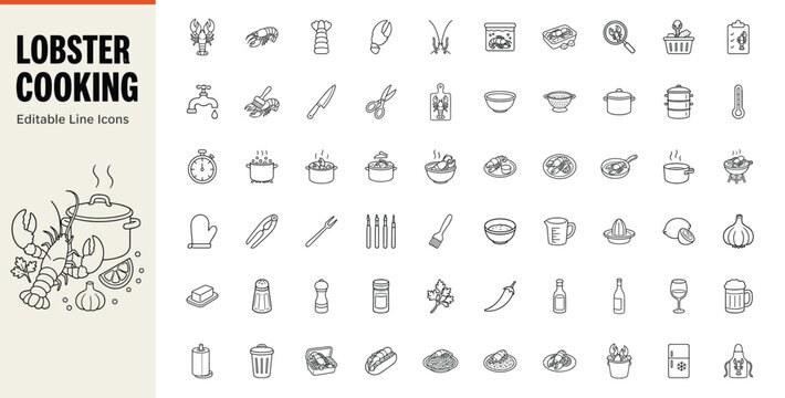 Lobster cooking line icons for seafood preparation and recipes
