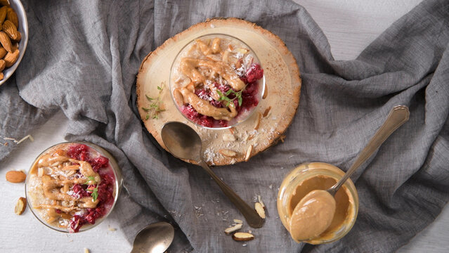Overhead Shot of Almond Butter and Raspberry Breakfast Bowls