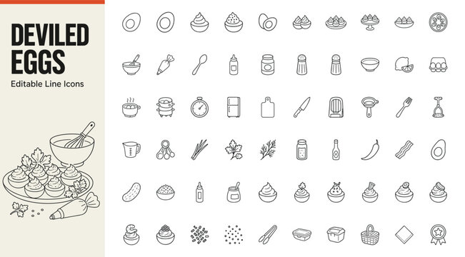 Deviled eggs recipe and preparation line icons