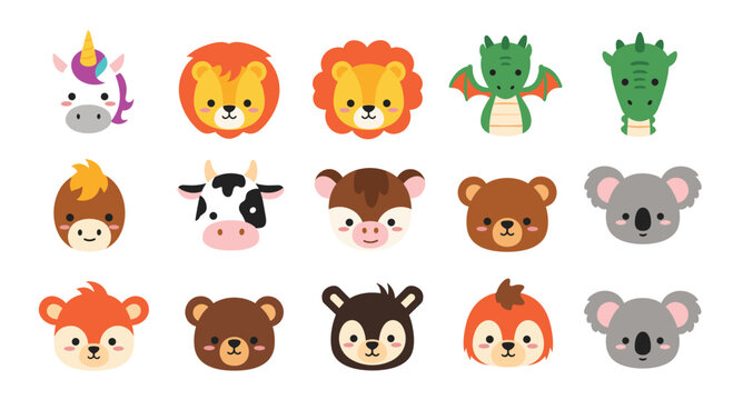 Collection of adorable cartoon animal faces including a unicorn lion dragon cow bear and koala in a friendly flat style.