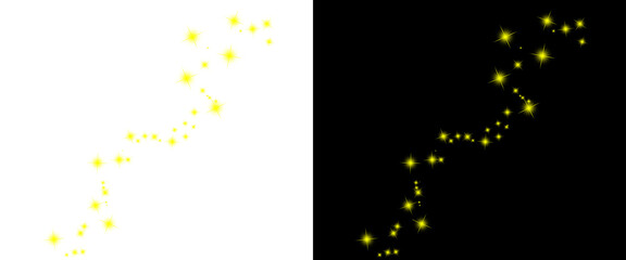 Fototapeta premium Golden sparkling stars trail on black and white background, magical glowing dust particles, shimmering yellow light effect for festive design overlays
