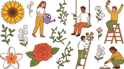 Gardening element set with people watering planting seeds climbing ladders and blooming spring flowers vector illustration © Utpal