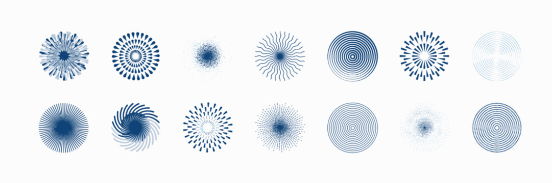 Set of fourteen circular geometric blue radial patterns, sunbursts, concentric rings, and stippled dot textures on white background