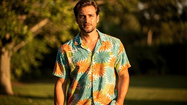 Handsome man wearing a colorful floral print shirt walking through a sunlit park during the golden hour of a relaxing summer afternoon