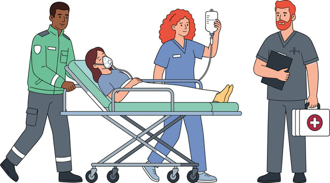 Emergency medical team moving patient on stretcher with oxygen mask iv drip paramedics and doctor vector illustration