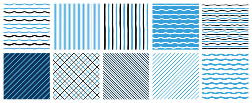 Set of ten geometric patterns with blue and black stripes, wavy lines, and diagonal grids