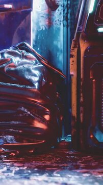 A metal bag lies on the ground beside a yellow object in a futuristic environment. Bright colors shine on the surface. The scene takes place at night in a urban area.