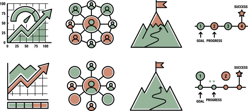 Goal progress and teamwork success illustration with climbing mountain and network icons