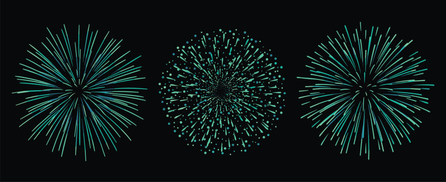Three circular firework bursts in teal and mint green on a black background, hand-drawn style radial explosion patterns