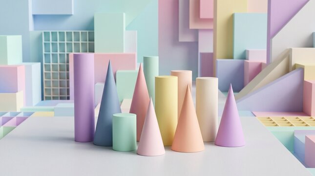 Abstract 3D composition featuring pastel geometric shapes such as cones and cylinders in a minimalist architecture