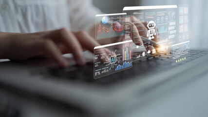 Innovative Digital Interface with Hand Interacting with Data Visualization and AI Elements on...
