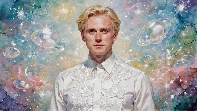 Portrait of a Fair-Haired Man Against a Dreamlike Ethereal Background of Shimmering Bubbles and Cosmic Nebula Colors