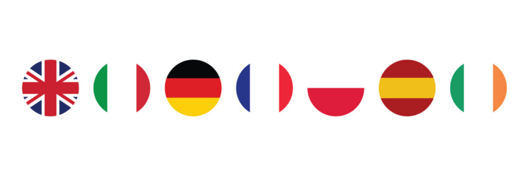 European flag circle button. National country icon flag set of United Kingdom, France, Germany, Italy, Spain, Poland and Ireland