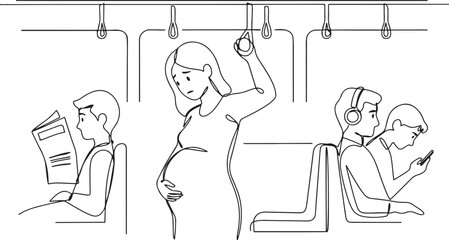 a pregnant woman using public transport stands up and no one gives a place. one line art icon drawing © MDROBIUL
