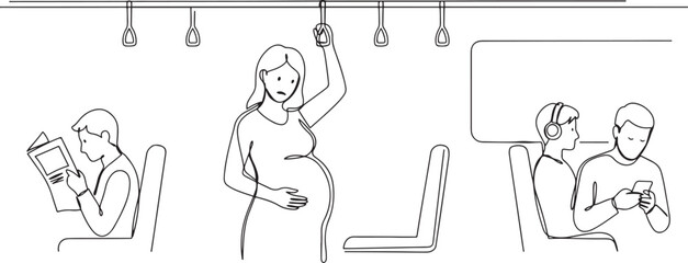a pregnant woman using public transport stands up and no one gives a place. one line art icon drawing © MDROBIUL