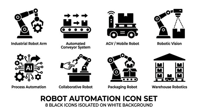 Industrial Robotics and Automation Icon Set for Modern Manufacturing and Smart Factory Systems