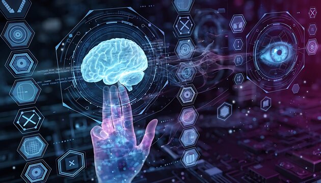 Futuristic hand interacting with brain and eye holographic interface technology