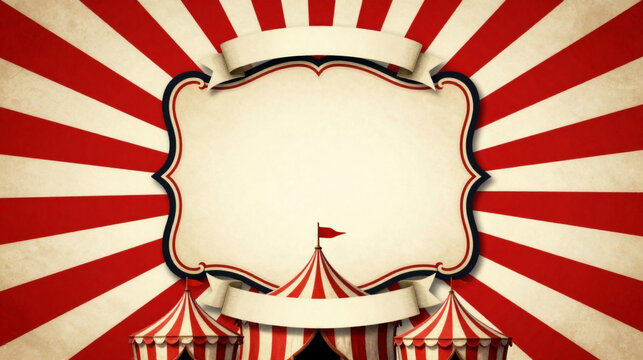 Vintage carnival, circus banner, red and white stripes, festive background