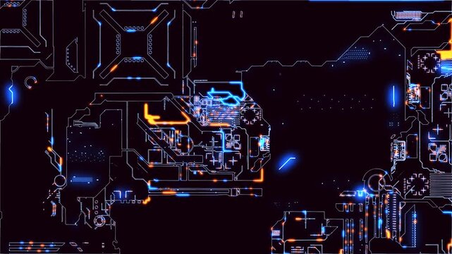 A futuristic electronic circuit element with neon lines and bright moving pulses creates an atmosphere of high technology and cyberspace. The animation is suitable for themes of cybersecurity and inno