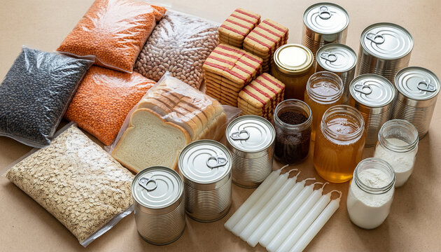 Non-perishable food items, canned goods, baking supplies, emergency rations, grocery stockpile