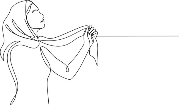 A woman opposes the obligation to wear a headscarf. She takes off her headscarf and holds it in her hand. one line art icon drawing