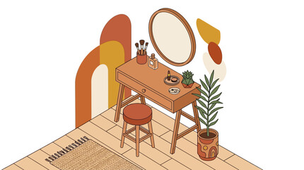 Fototapeta premium Cozy bedroom vanity with mirror and potted plant.