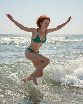 A woman with red hair and a green bikini jumps playfully in the ocean, her arms outstretched and legs bent, amidst splashing waves and a clear blue sky.