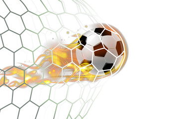 Fototapeta premium Realistic football goal moment showing a blazing soccer ball entering the net with dynamic fire effects and motion blur. Transparent background makes it ideal for sports graphics, football marketing, 