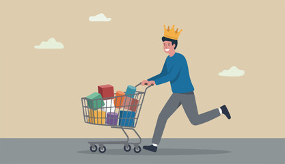 Customer is king, client want is most important, user experience or customer centric marketing success strategy concept, happy man customer wearing king crown running with shopping cart ready buy prod © kadir
