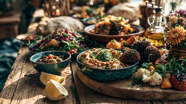 Rustic wooden table with colorful vegan feast including hummus, falafel, fresh salads, roasted vegetables, and flatbread