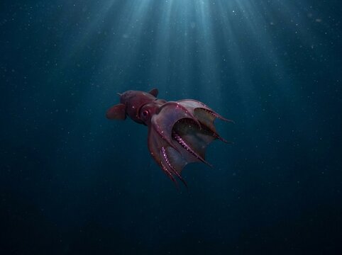 Deep Sea Vampire Squid Swimming in Dark Ocean Water
