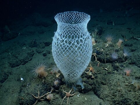 Glass Sponge and Marine Life on the Deep Sea Floor